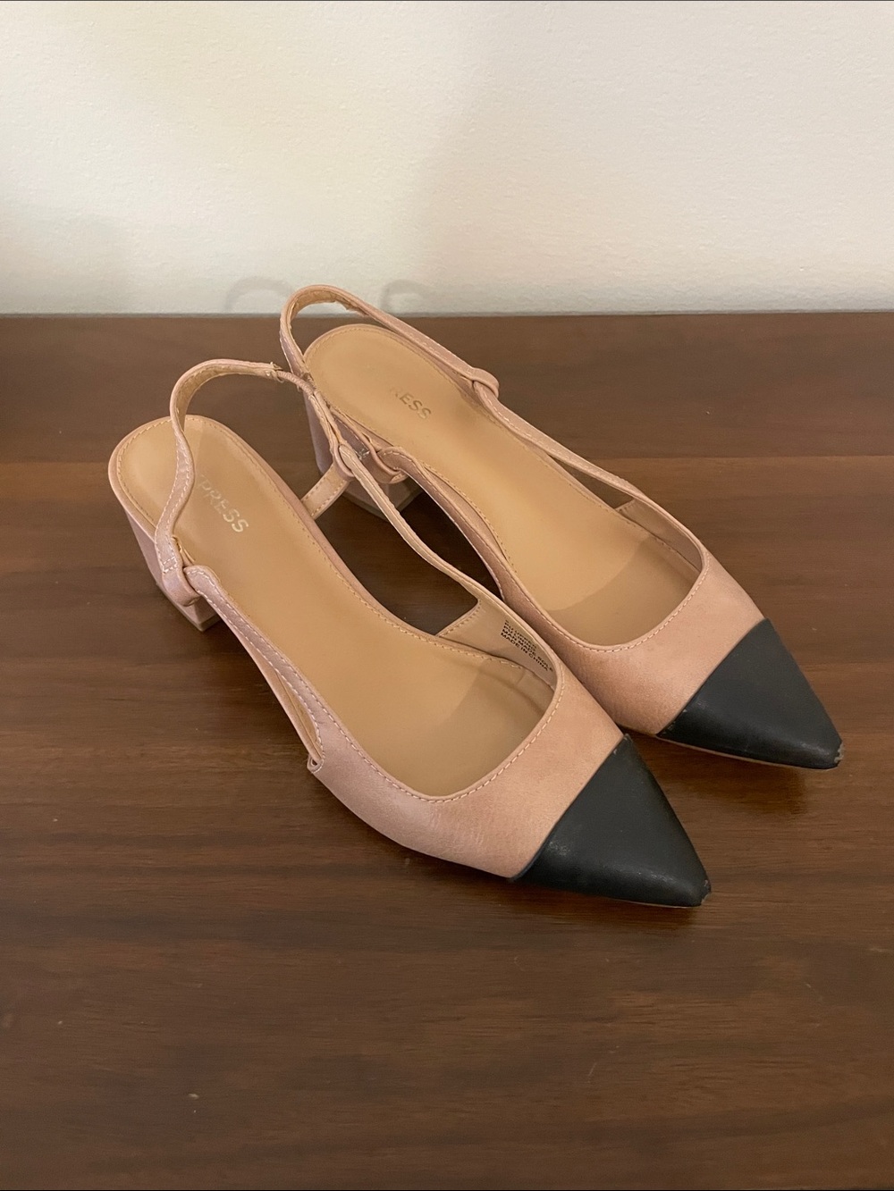 Express Nude and Black Captoe Slingback Pointed Toe Heels